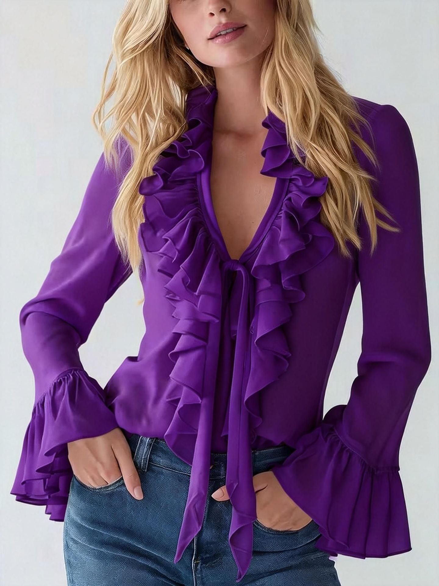 Ruffle V Neck Tie Front Flared Long Sleeve Slim Chiffon Blouse
