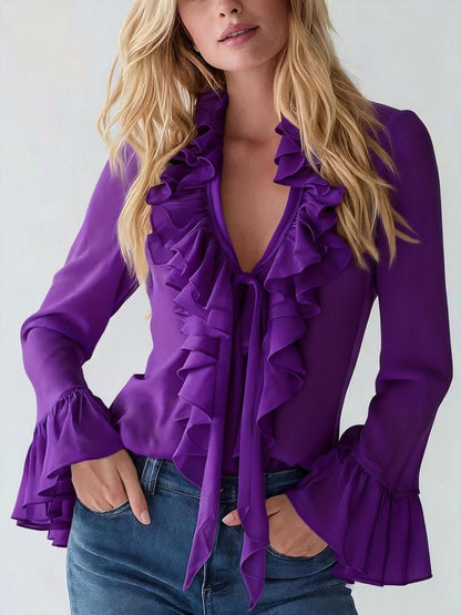 Ruffle V Neck Tie Front Flared Long Sleeve Slim Chiffon Blouse
