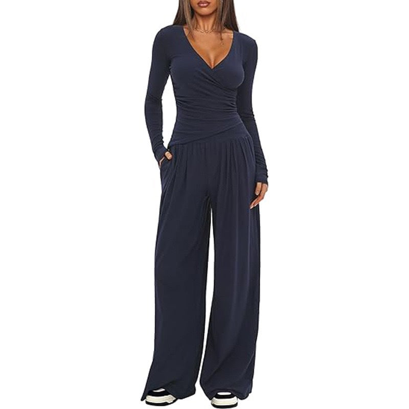 Women Solid Wrap V Neck Ruched Long Sleeve Top Elastic High Waist Pocket Wide Leg Casual Loungewear Co-ord Set