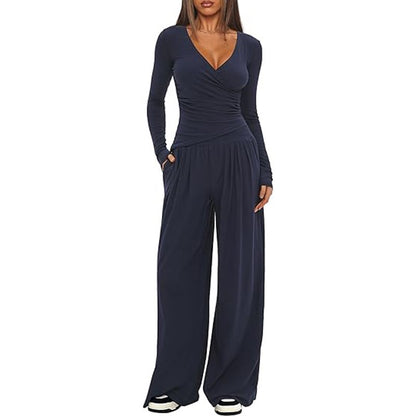 Women Solid Wrap V Neck Ruched Long Sleeve Top Elastic High Waist Pocket Wide Leg Casual Loungewear Co-ord Set