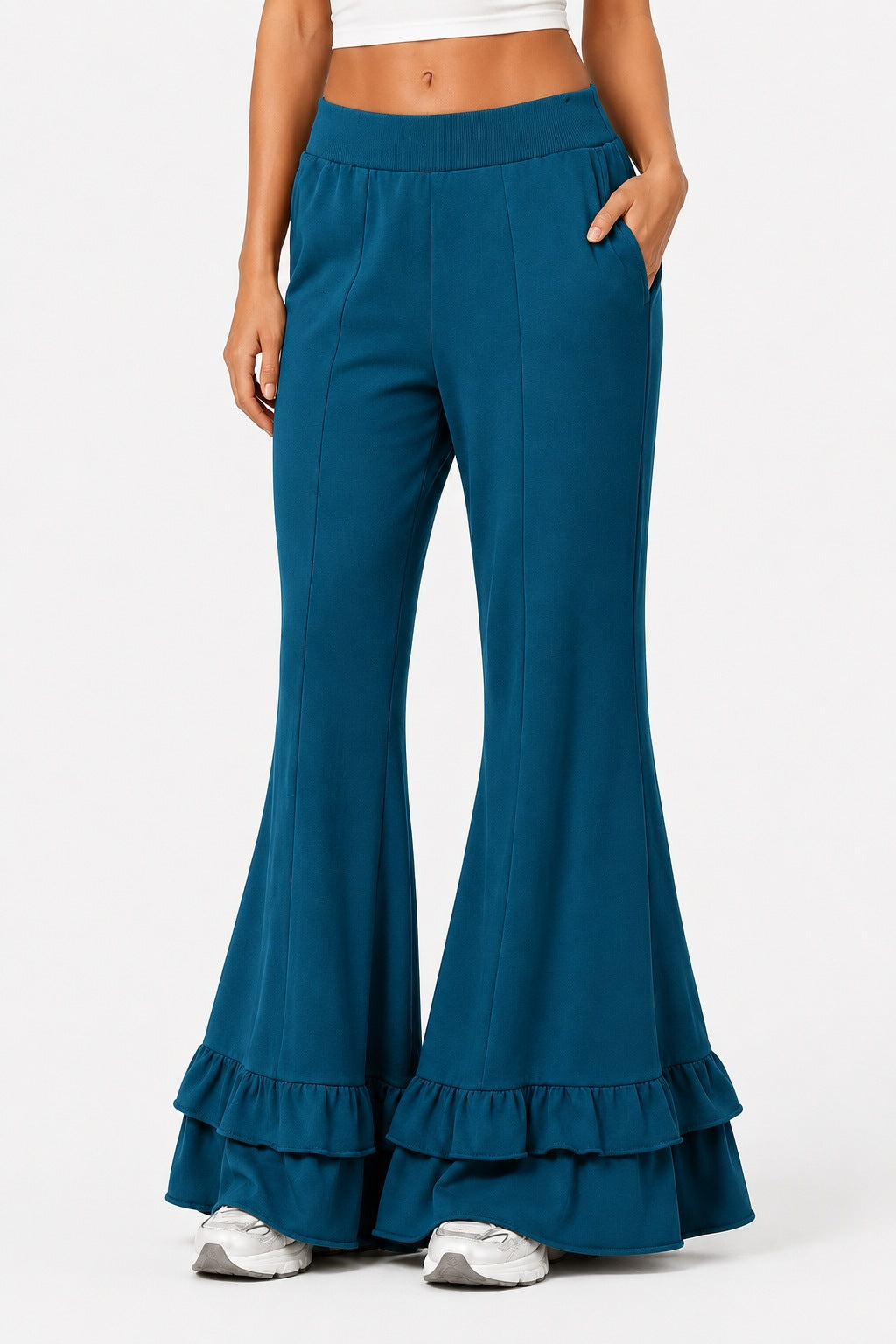High Waist Front Seam Double Ruffle Hem Flare Knit Pants