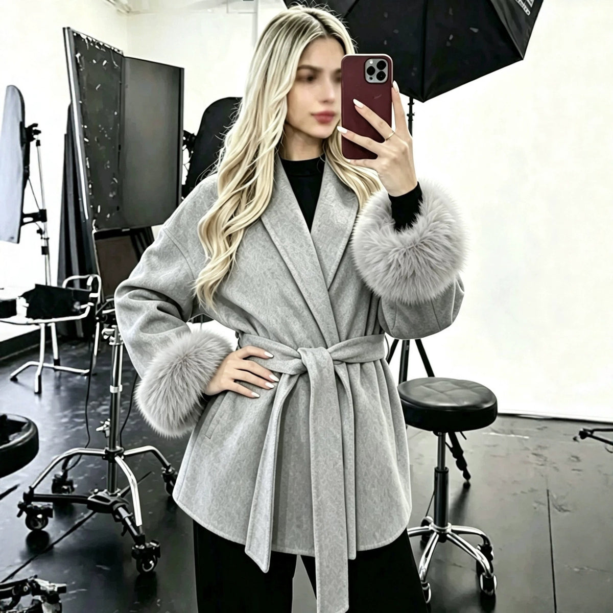 Cozy Belted Wrap Coat with Plush Fur Cuffs