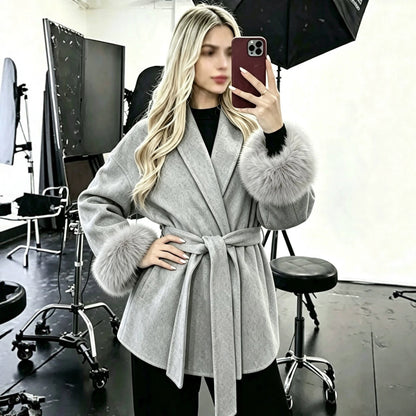 Cozy Belted Wrap Coat with Plush Fur Cuffs