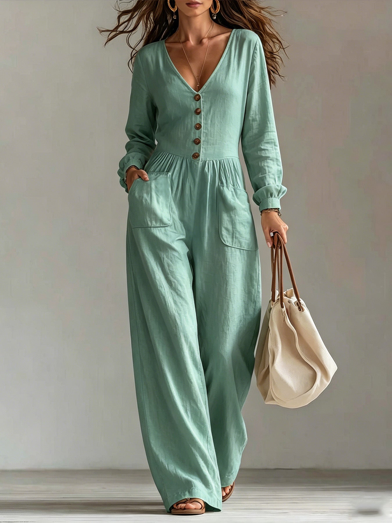 V-Neck Button Front Wide Leg Jumpsuit