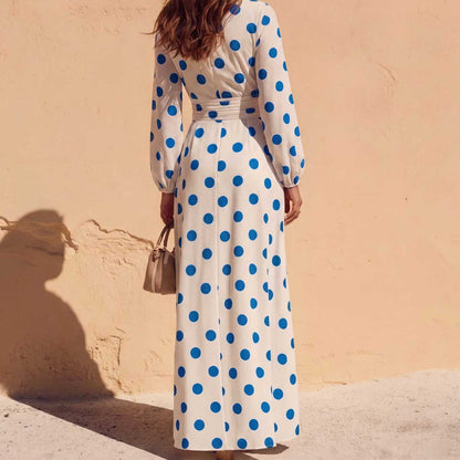 Polka Dot Wrap V-Neck Long Sleeve Maxi Dress