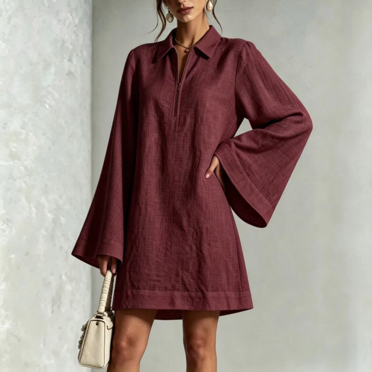 Collared Half Zip Bell Long Sleeve Linen Blend Mini Shirt Dress