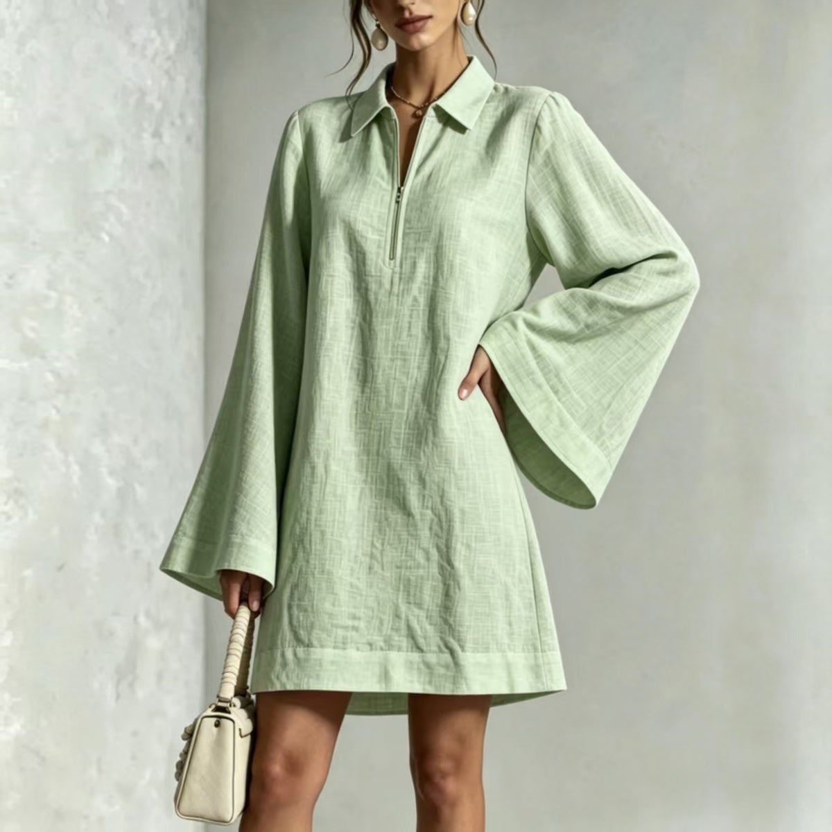 Collared Half Zip Bell Long Sleeve Linen Blend Mini Shirt Dress