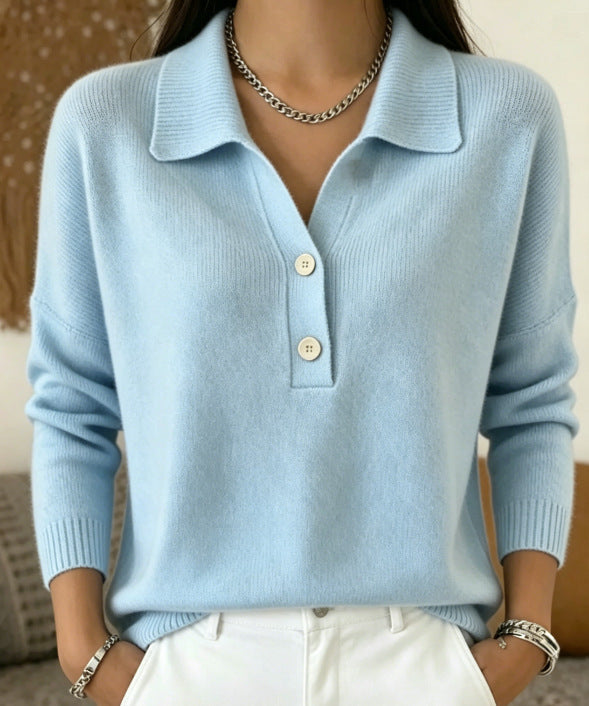 Polo Collar Half Button Fine Knit Long Sleeve Sweater