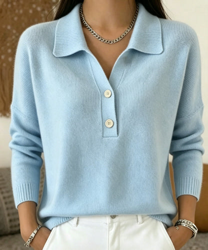 Polo Collar Half Button Fine Knit Long Sleeve Sweater
