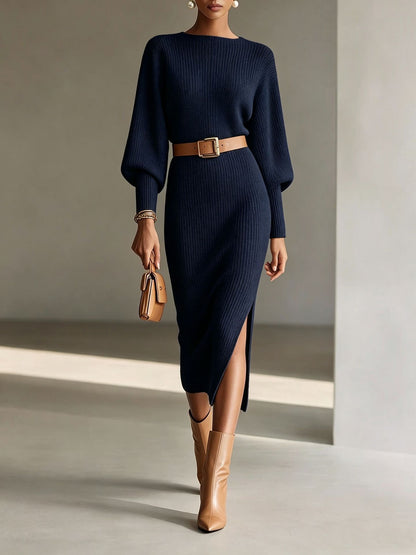 Boat Neck Balloon Long Sleeve Knit Midi Dress With Belt
