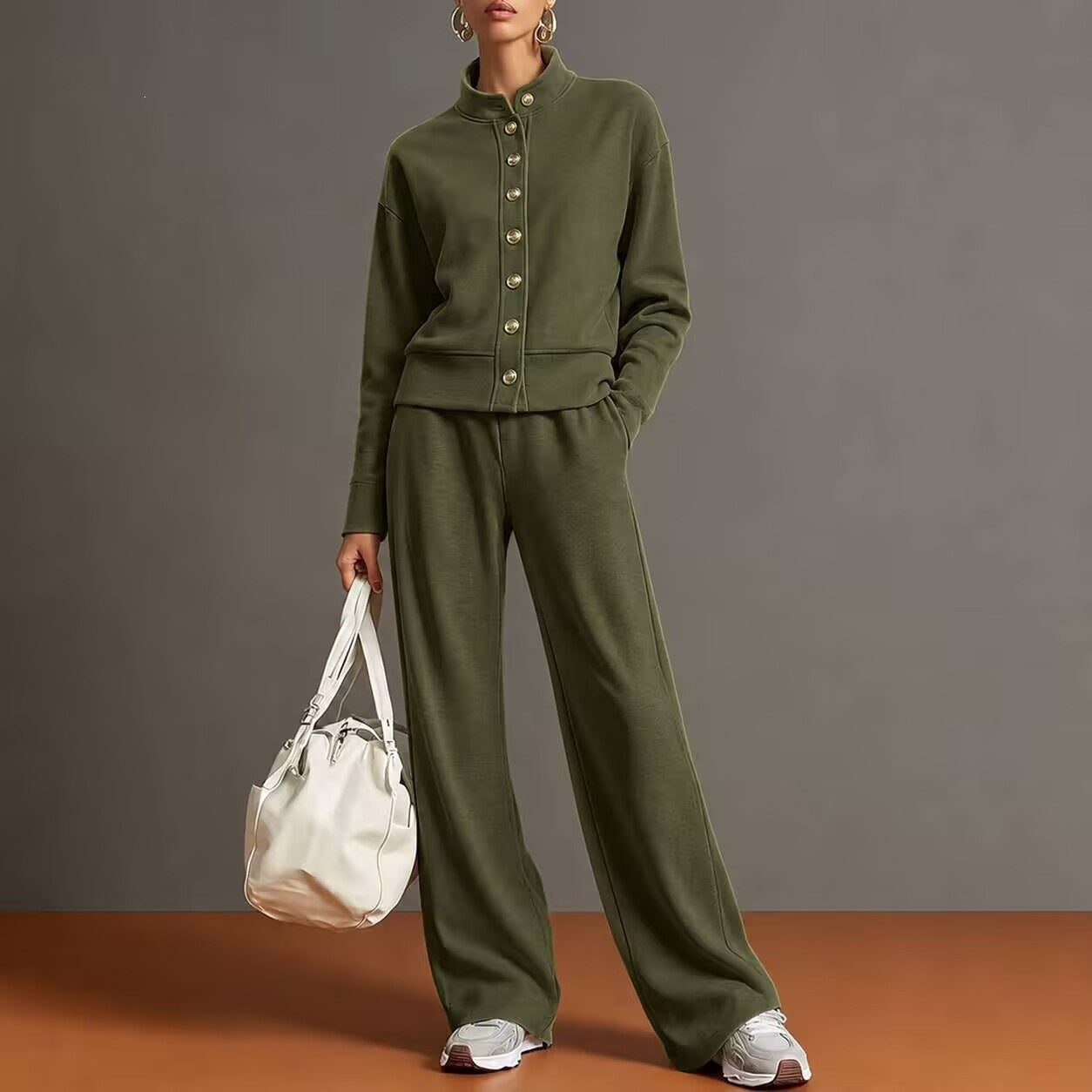 New Solid Color Stand-Up Collar Cardigan Sweatshirt Wide-Leg Pants Suit Independent Station Popular Women