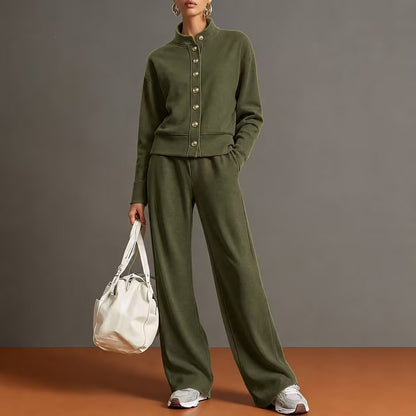 New Solid Color Stand-Up Collar Cardigan Sweatshirt Wide-Leg Pants Suit Independent Station Popular Women