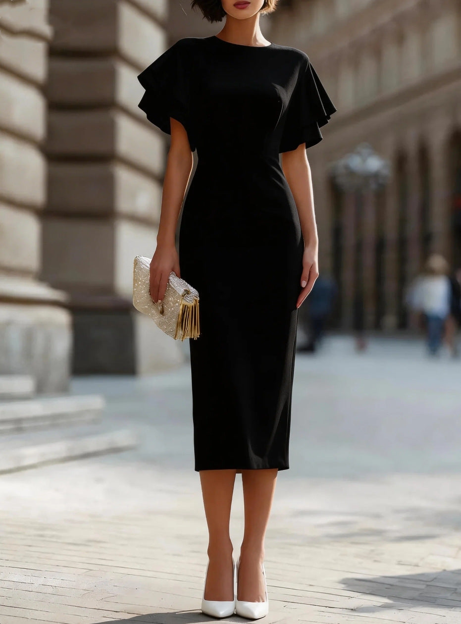 Round Neck Double‑Layer Ruffle Flutter Sleeve Bodycon Midi Dress