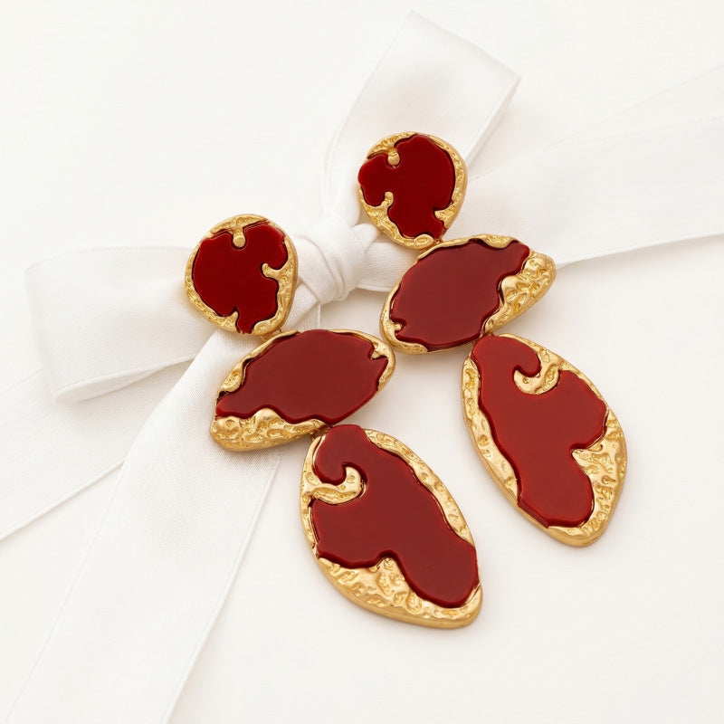 Abstract Red Enamel Tiered Drop Earrings Hammered 14K Gold Plated Statement Dangle Earrings - EH5799
