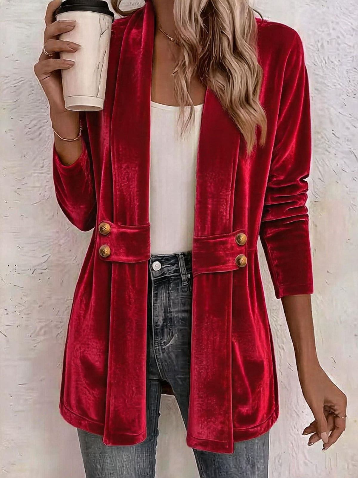 Women's Velvet Open Front Long Sleeve Mid Length Blazer Cardigan with Button Decor
