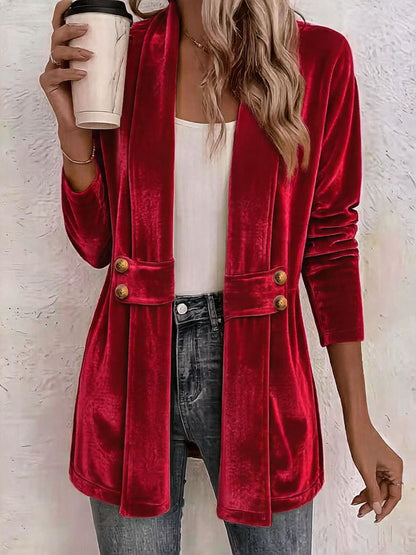 Women's Velvet Open Front Long Sleeve Mid Length Blazer Cardigan with Button Decor