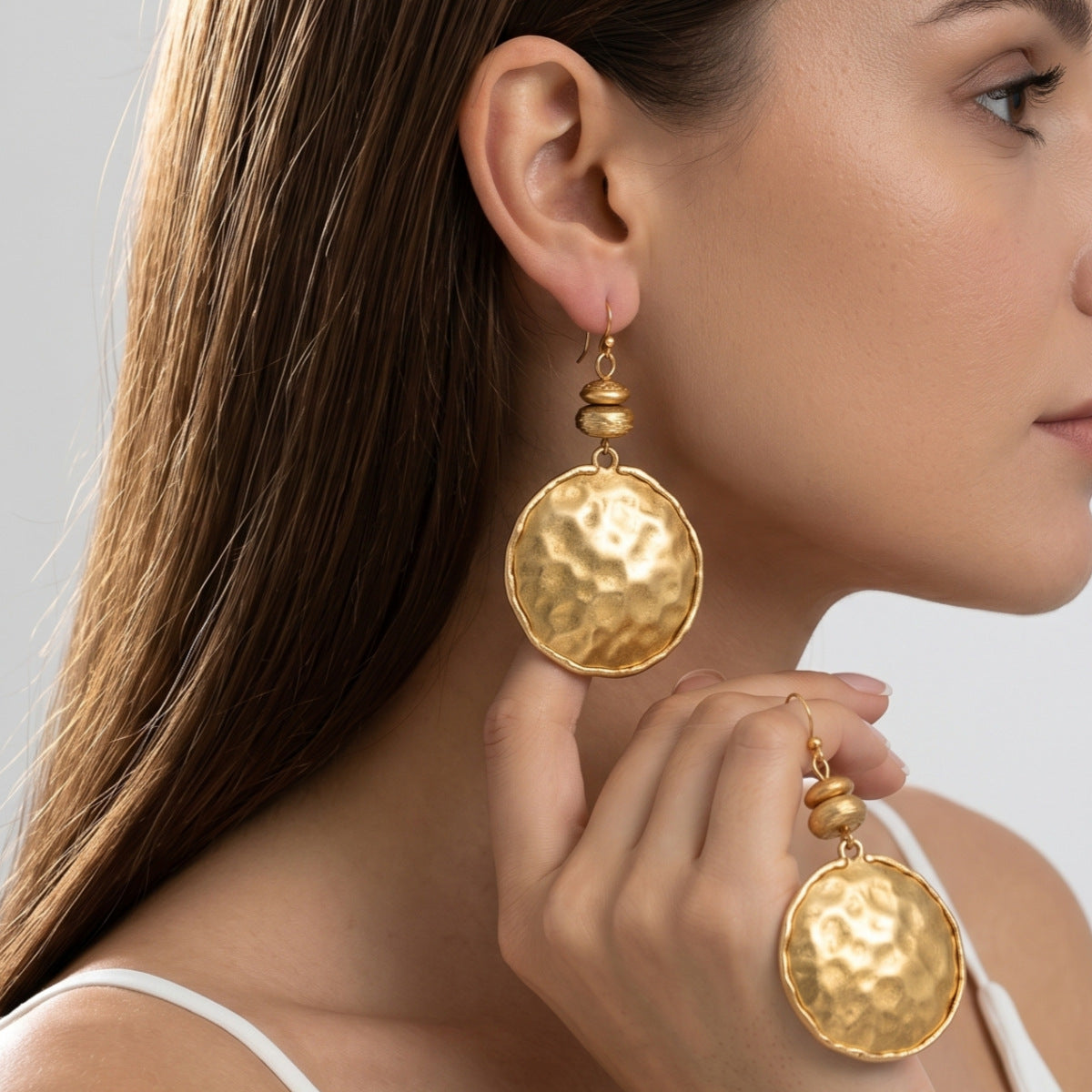 Hammered Round Disc Dangle Earrings Vintage Plated Statement Drop Earrings