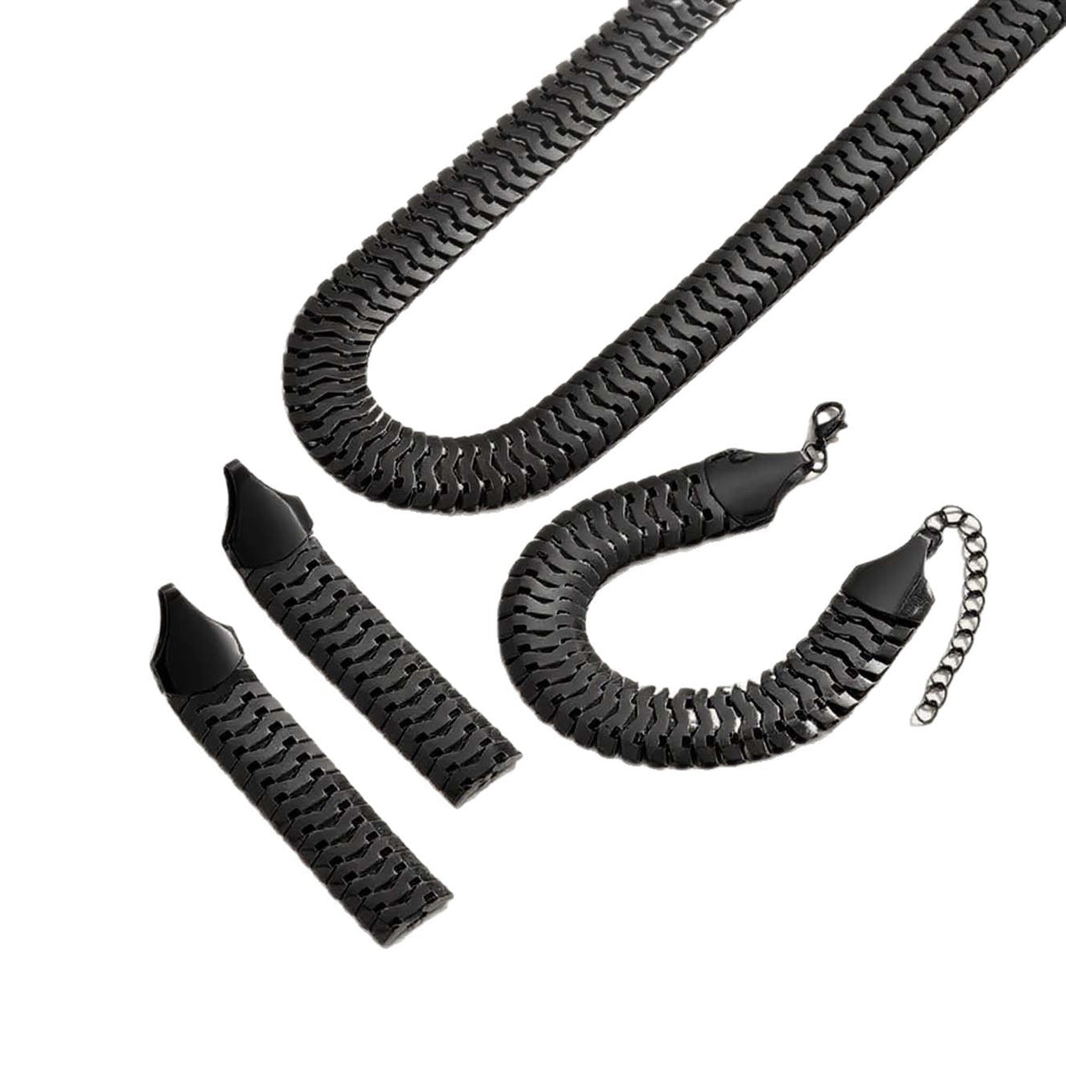 Wide Snake Scale Herringbone Jewelry 3-Piece Set Necklace Bracelet Drop Earrings