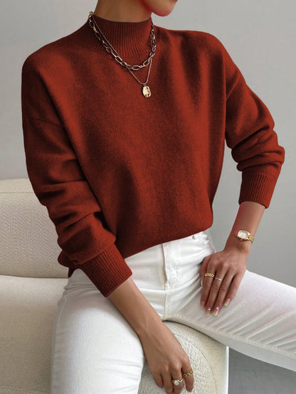Women's Solid Mock Neck Long Sleeve Knit Sweater