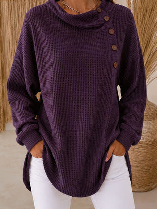 Waffle Knit Cowl Neck Top – Soft Textured Long Sleeve Tunic