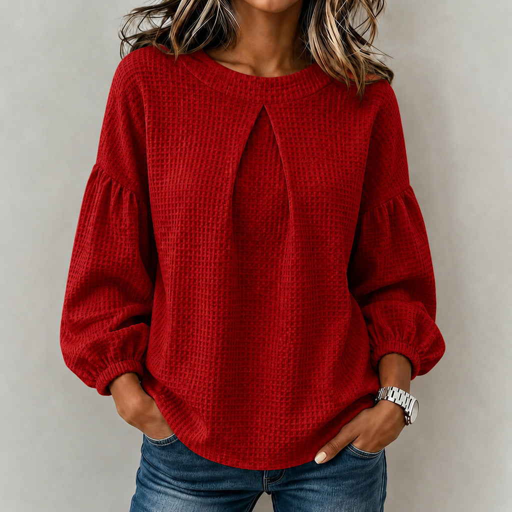 Waffle Textured Pleated Neck Balloon Long Sleeve Blouse