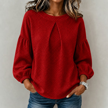Waffle Textured Pleated Neck Balloon Long Sleeve Blouse