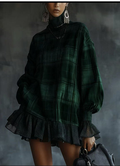 Women's Turtleneck Plaid Long Sleeve Ruffle Hem Tunic Dress