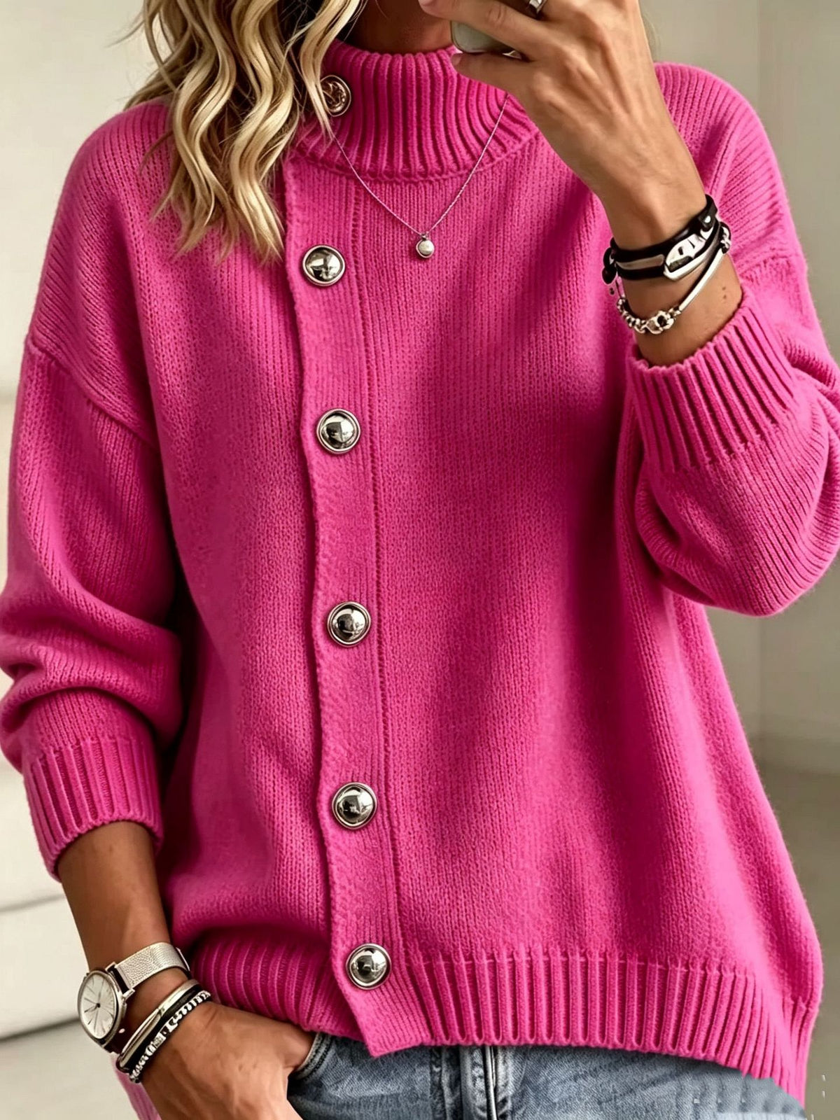 Women's Stand Collar Button Front Knit Sweater, Long Sleeve Loose Casual Pullover Jumper