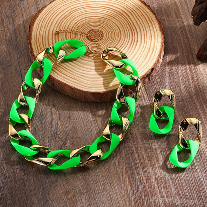 3pcs/set Resin Eight-character Twist Link Chain Fashionable Lady’s Necklace Earrings And Jewelry Set - Green