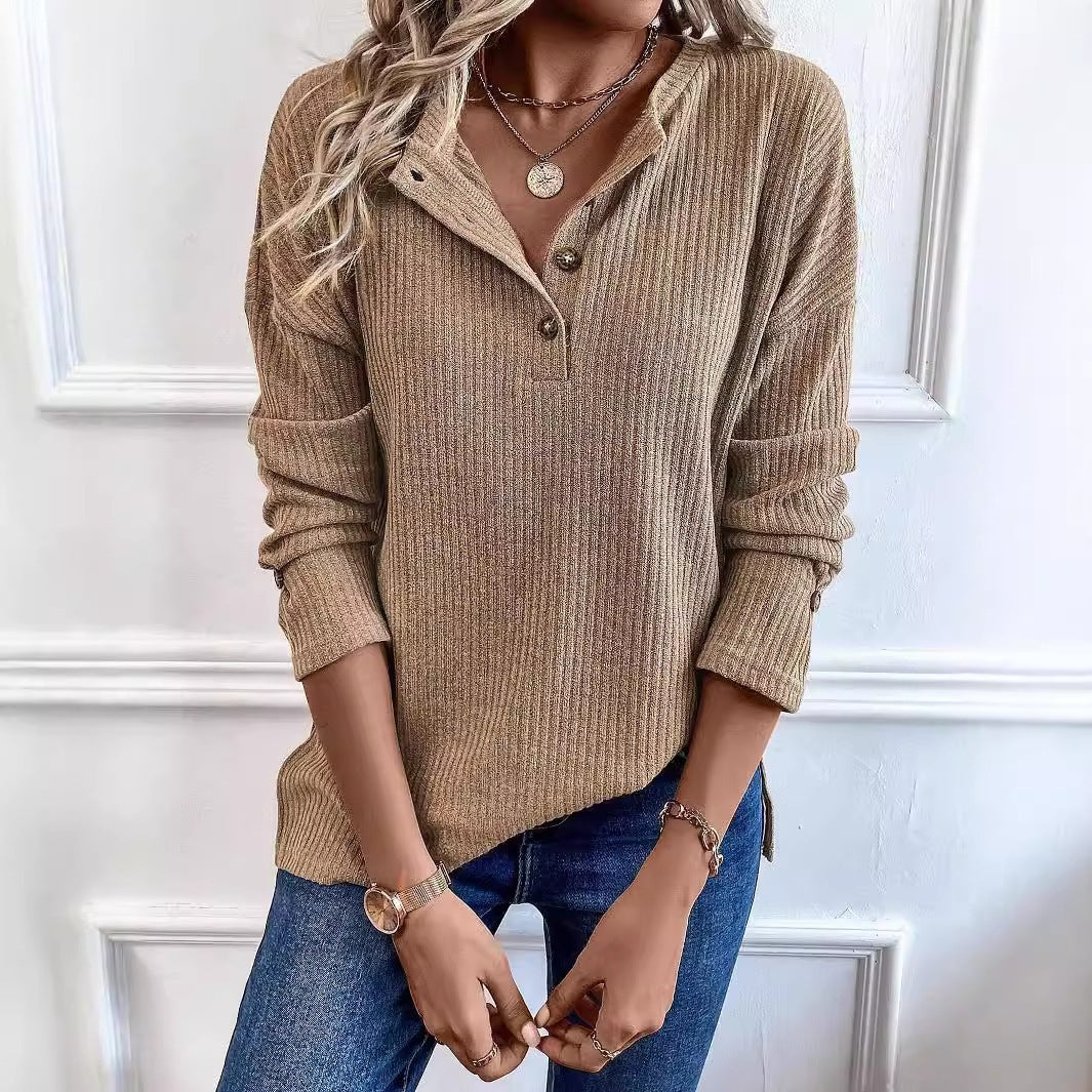 Vertical Rib Knit Henley Half Button Drop Shoulder Long Sleeve Casual Top