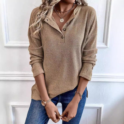 Vertical Rib Knit Henley Half Button Drop Shoulder Long Sleeve Casual Top