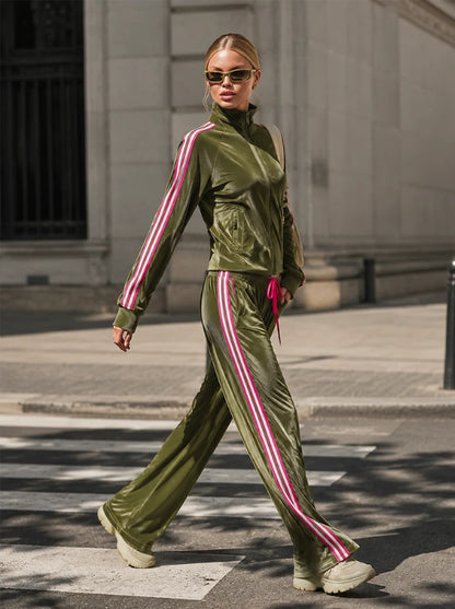 Women’s Striped Side Zip Up Velvet Tracksuit 2 Piece Outfit