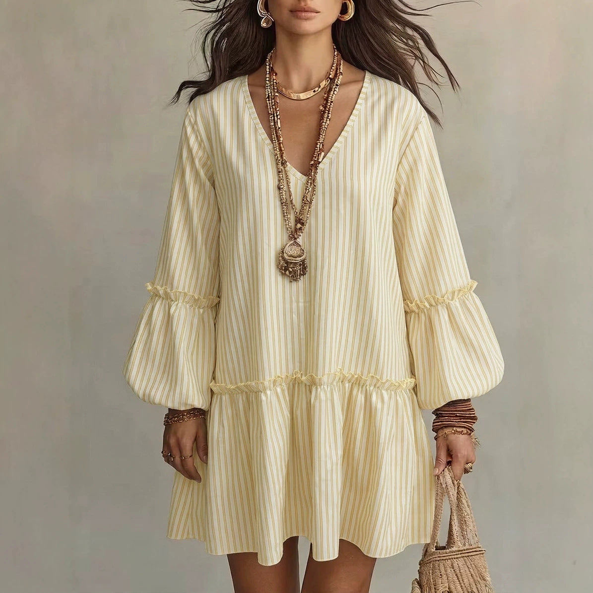Striped V-Neck Ruffle Hem Mini Dress