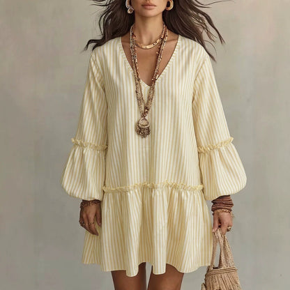 Striped V-Neck Ruffle Hem Mini Dress