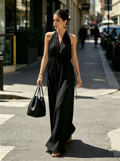 Halter V-Neck Drawstring Waist Maxi Dress