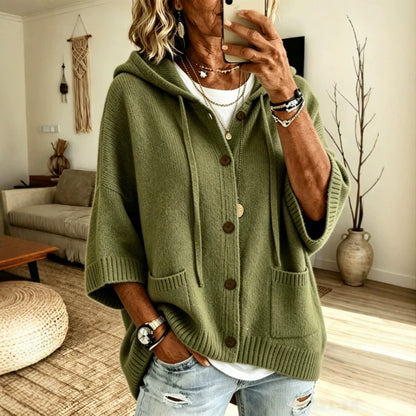 Drawstring Hooded 3/4 Sleeve Wooden Button Knit Cardigan