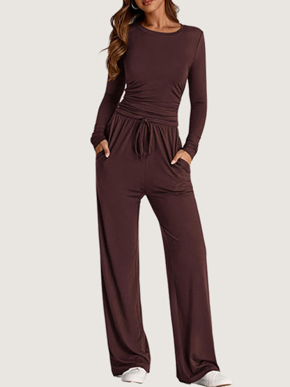Ruched Long Sleeve Top & Drawstring Waist Pocket Wide Leg Pants Two Piece Set