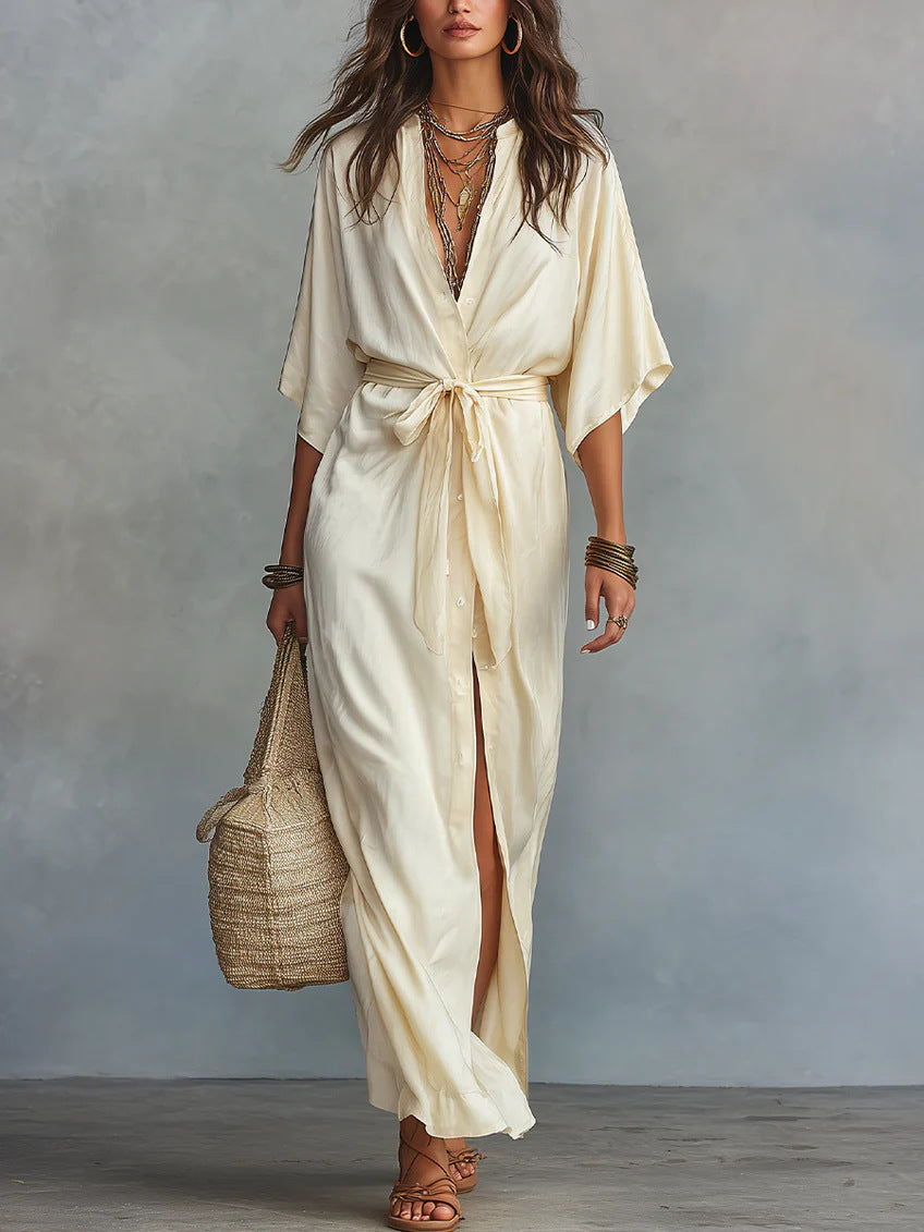 Tie Waist Split Maxi Shirt Dress