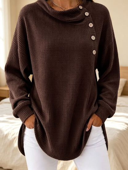 Waffle Knit Cowl Neck Top – Soft Textured Long Sleeve Tunic