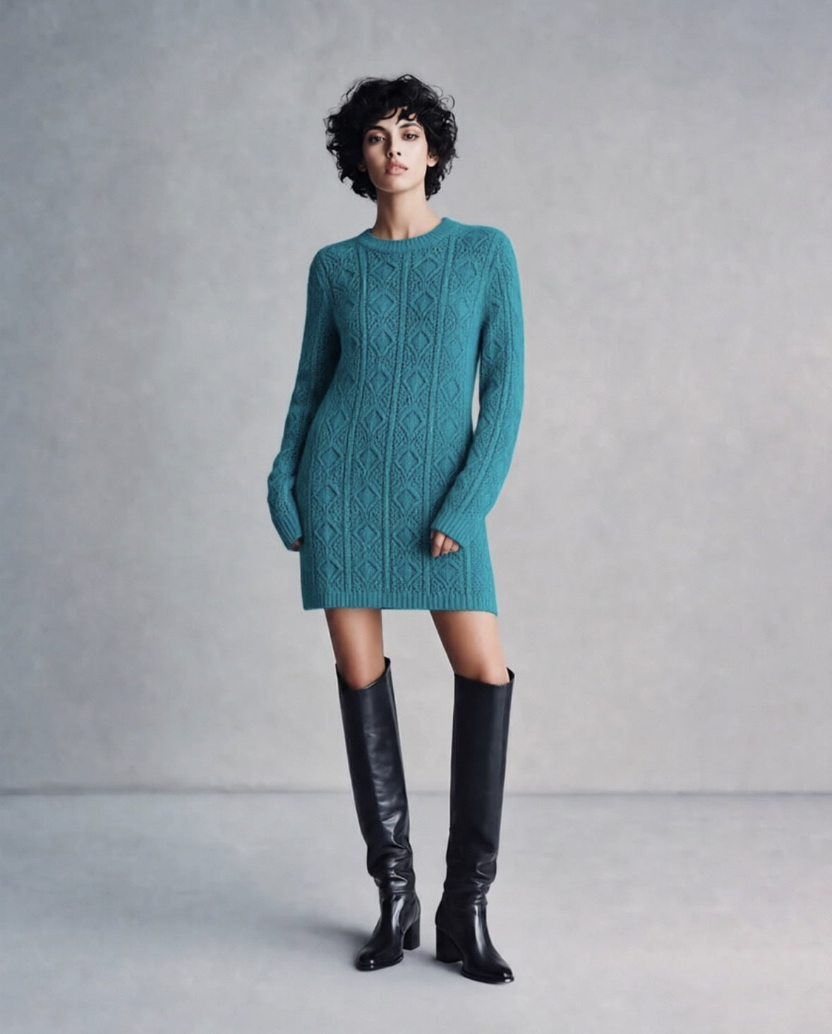 Cable Knit Crew Neck Long Sleeve Mini Sweater Dress