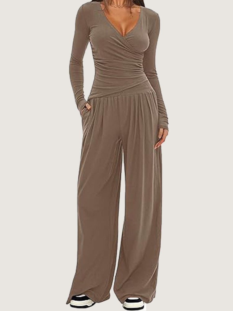 Women Solid Wrap V Neck Ruched Long Sleeve Top Elastic High Waist Pocket Wide Leg Casual Loungewear Co-ord Set