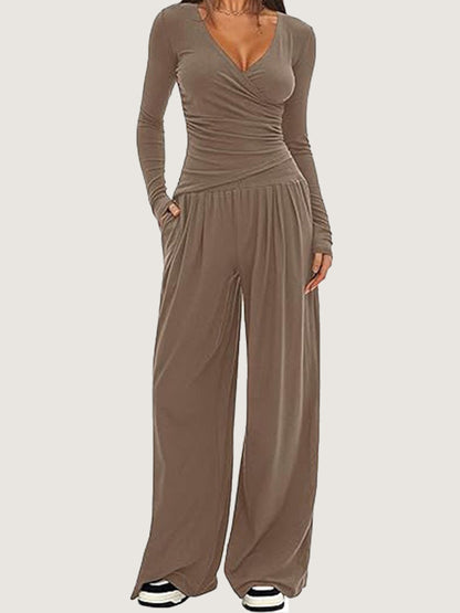 Women Solid Wrap V Neck Ruched Long Sleeve Top Elastic High Waist Pocket Wide Leg Casual Loungewear Co-ord Set