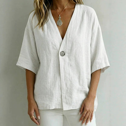 Relaxed Linen V-Neck Button-Front Shirt