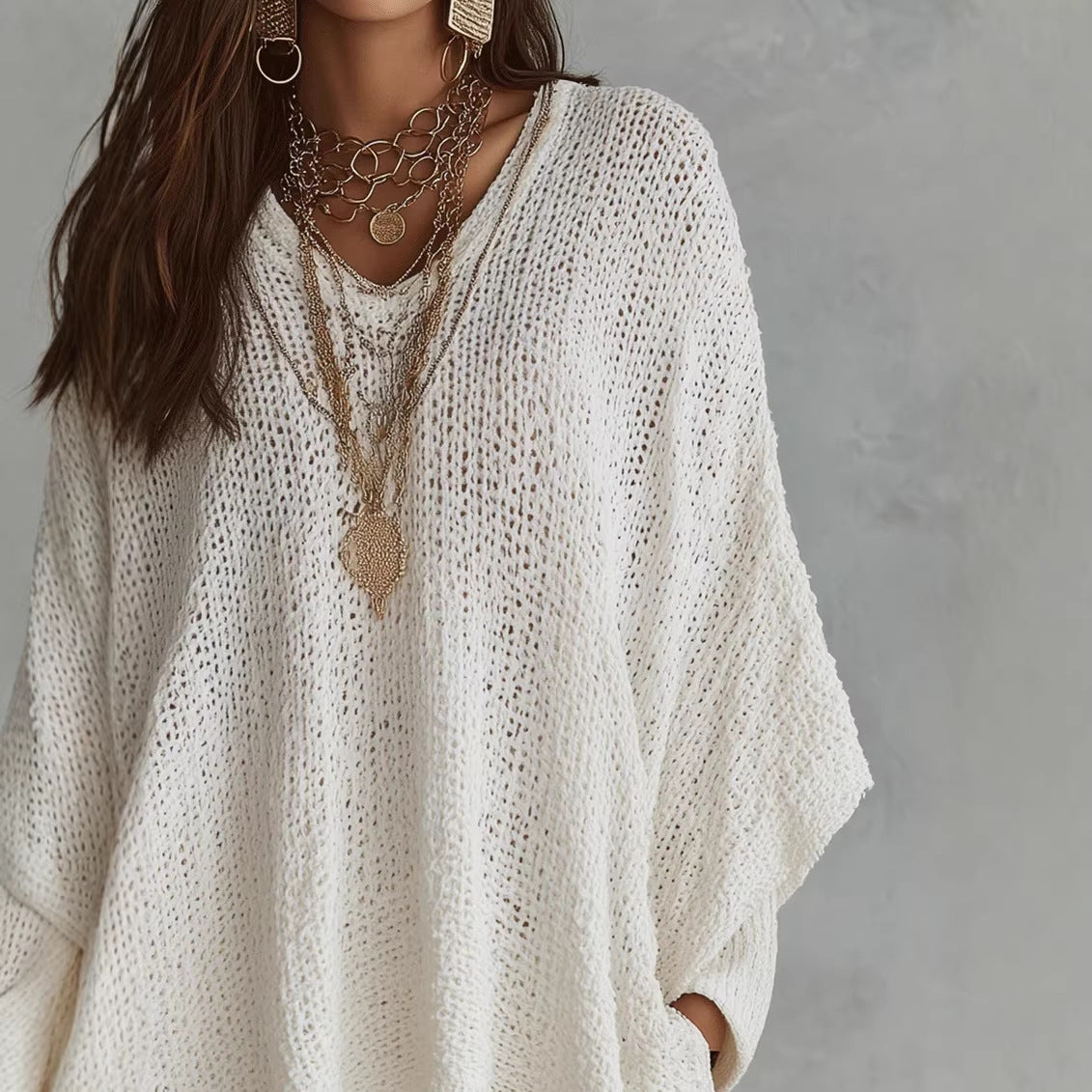 V-Neck Open Knit Oversized Batwing Long Sleeve Sweater Top