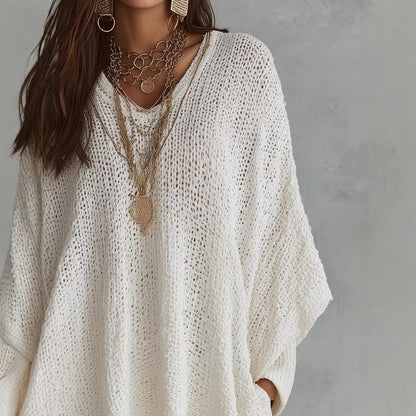 V-Neck Open Knit Oversized Batwing Long Sleeve Sweater Top