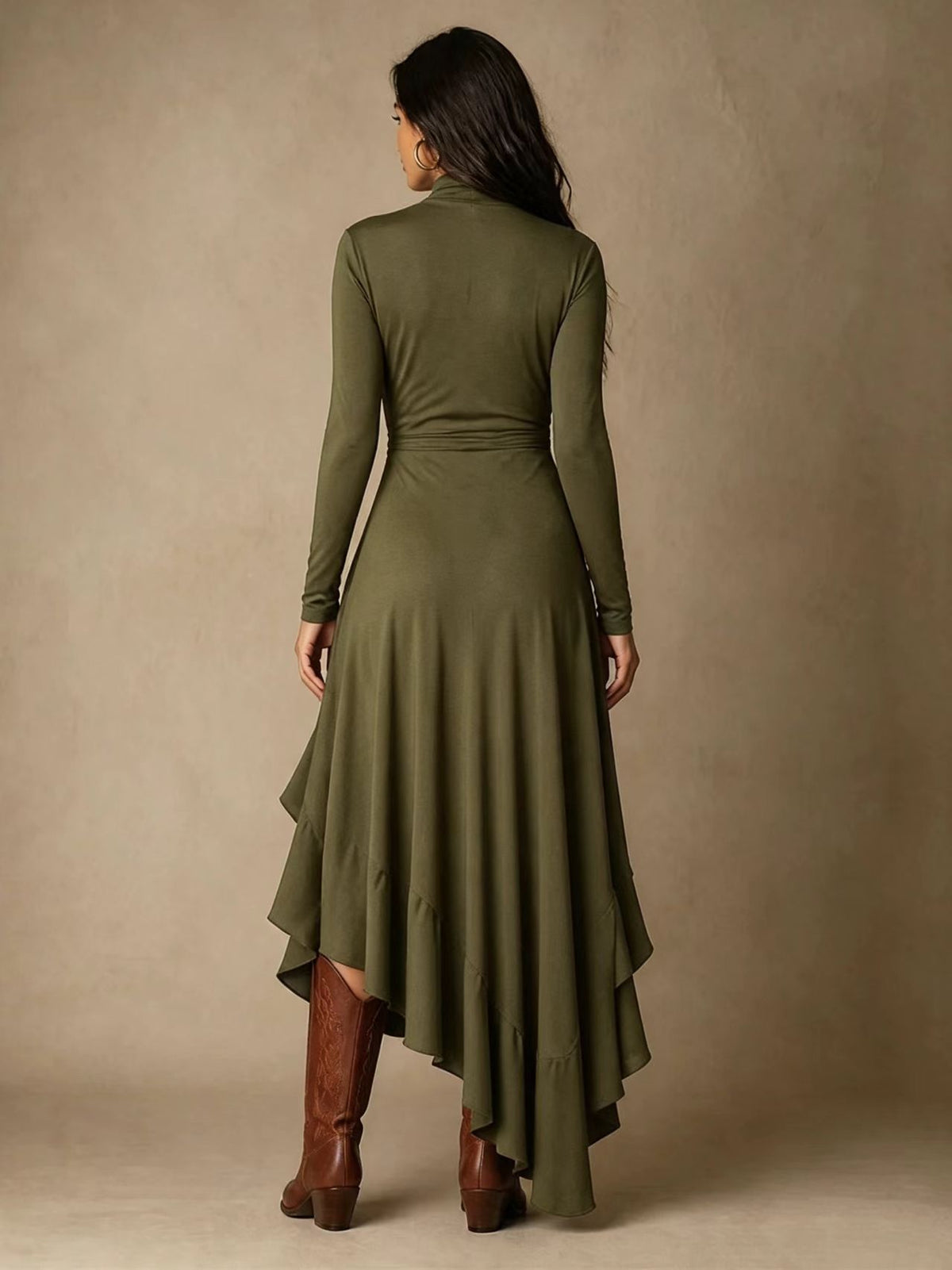 Mock Neck Wrap Dress with Asymmetric Ruffle Hem