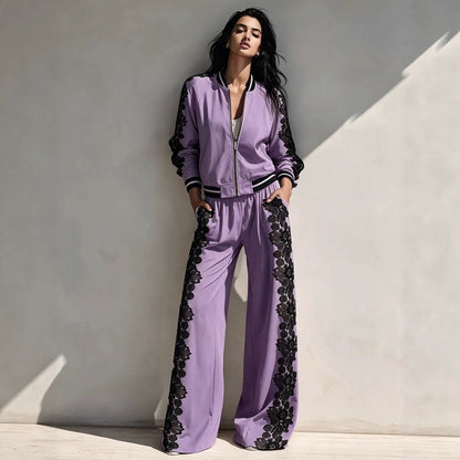 Bomber Jacket & Wide‑Leg Pants Two‑Piece Set with Black Lace Trim