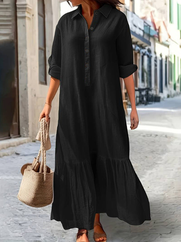 Linen Ruffle Hem Maxi Shirt Dress
