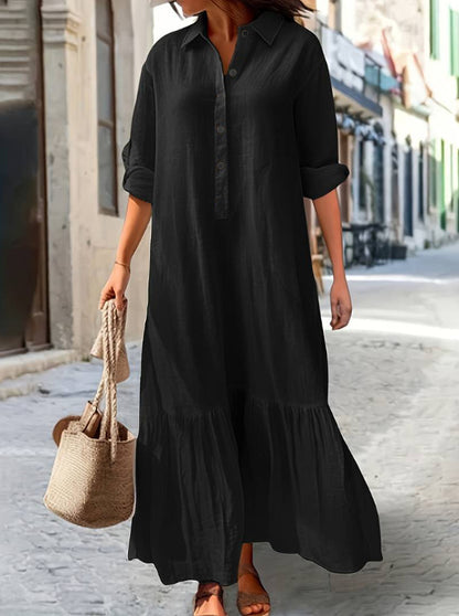 Linen Ruffle Hem Maxi Shirt Dress