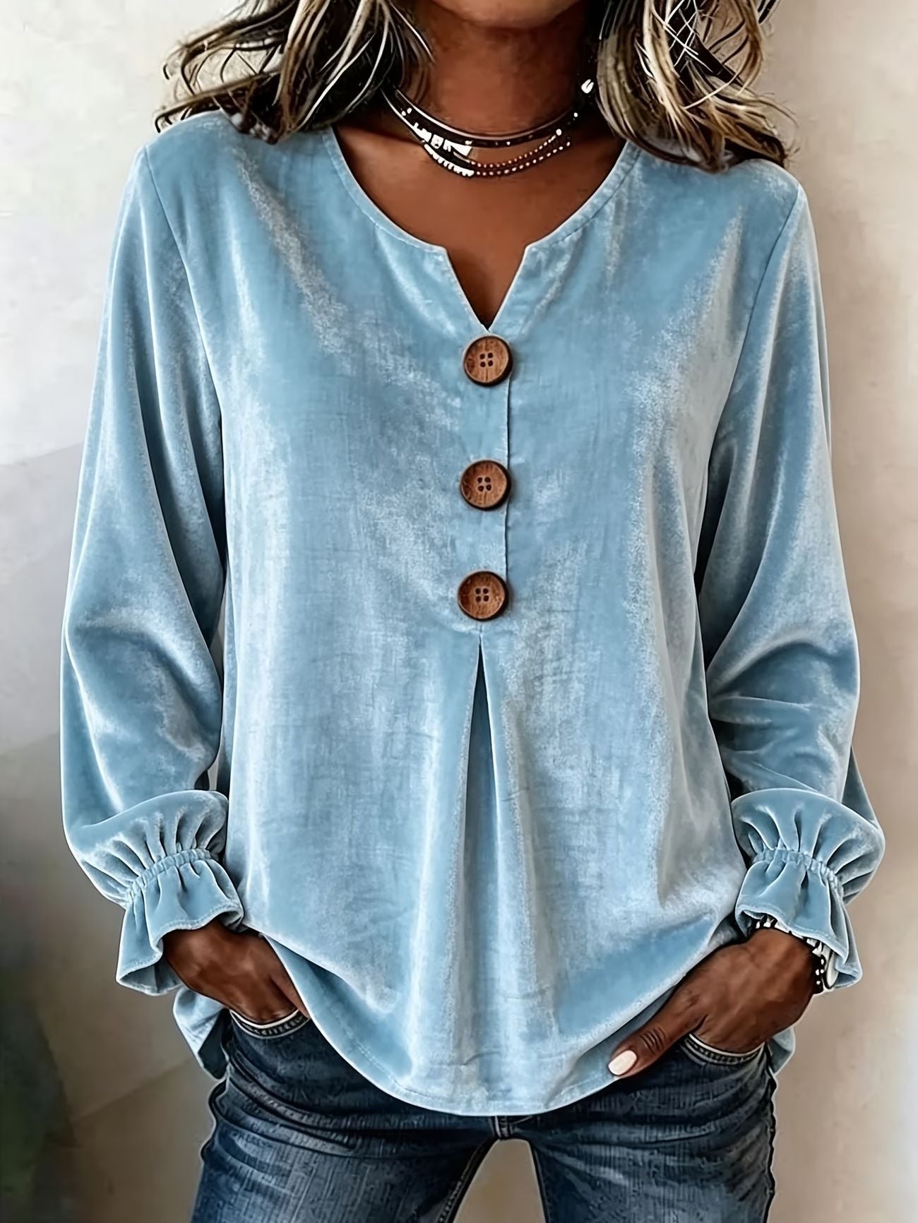 Notch V Neck Wooden Button Pleated Front Puff Cuff Long Sleeve Blouse